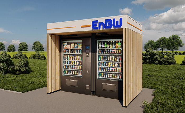 So soll der Automaten-Shop am neuen Schnellladepark der EnBW in Neudietendorf bei Erfurt nach der Inbetriebnahme im Oktober aussehen. Künftig sollen weitere dieser Konzepte entstehen. Foto: EnBW