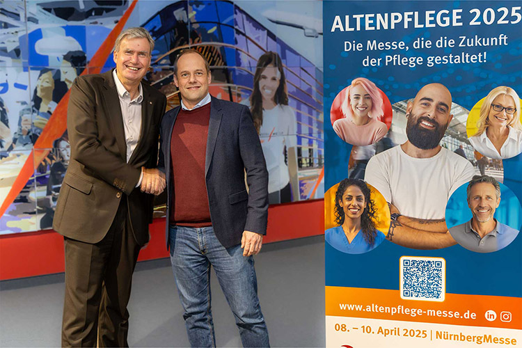 Peter Ottmann, CEO der Nürnbergmesse Group (l.), und Jonas Vincentz, Geschäftsführer Vincentz Network, haben vereinbart, dass der Messeveranstalter aus Nürnberg neuer Eigentümer der Fachmesse Altenpflege wird. Foto: Nürnbergmesse/ Frank Boxler