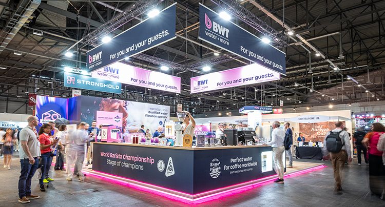 In diesem Jahr fand die World of Coffee in Genf statt. Mit dabei war BWT Water+More mit den bewährten Lösungen für optimiertes Kaffeewasser. Foto: BWT Water+More