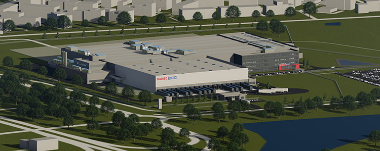 Das Grundstück für den geplanten Haribo-Neubau (hier eine Animation) ist etwa fünf Kilometer vom bisherigen Maoam-Werk entfernt, sodass die Arbeitswege für die Mitarbeiter auch nach dem Umzug kurz blieben. Zudem bietet das Gelände eine direkte Anbindung an die A46 und damit gute Voraussetzungen für alle Transportwege. Foto: Haribo